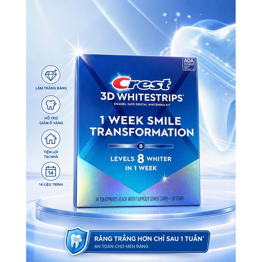 [LEVEL 8 - 14 LẦN DÁN] Miếng dán trắng răng Crest 3D Whitestrips 1-Week Smile Transformation - Bản M
