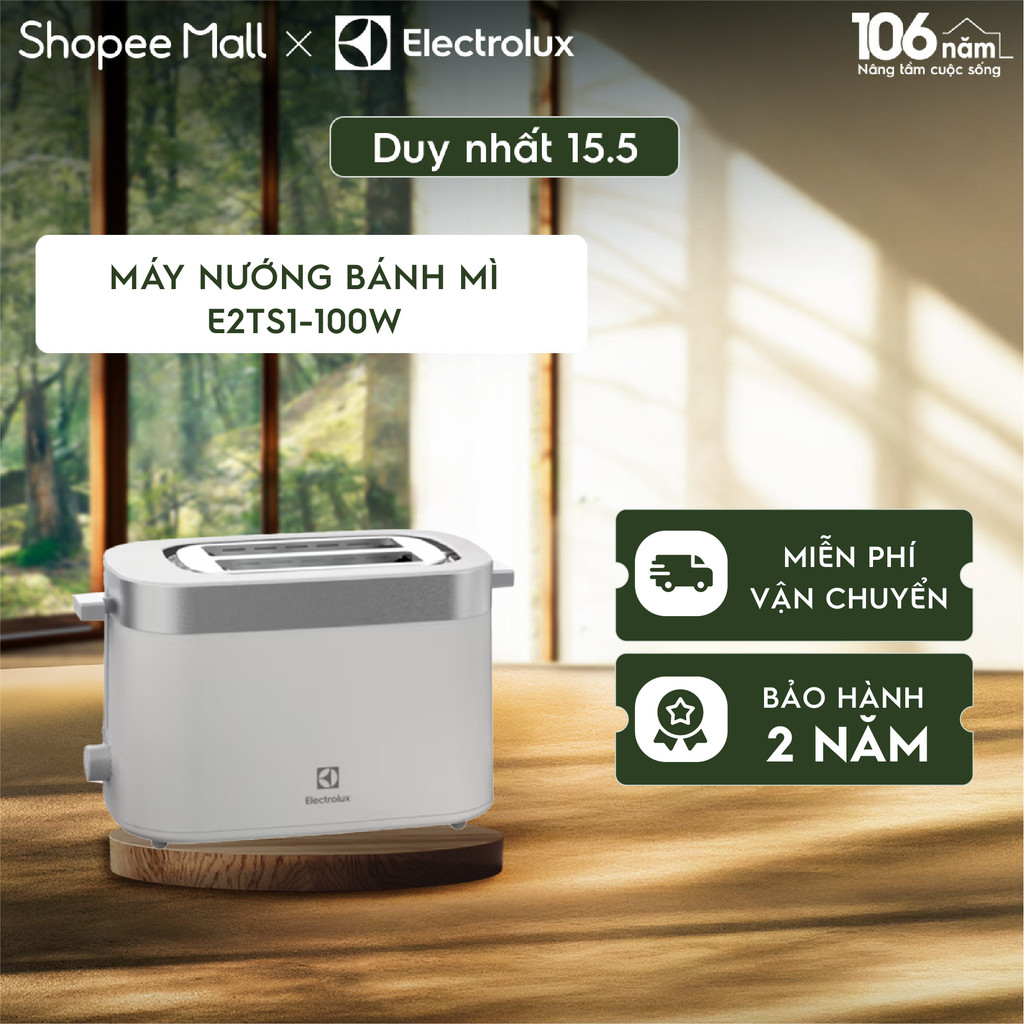 Máy Nướng Bánh Mì Electrolux E2TS1-100W - 2 Khe, 7 Cài Đặt Nhiệt Độ, Trắng
