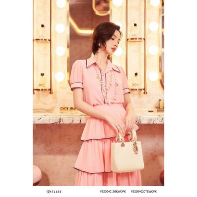 Chân váy chiffon hồng xếp tầng viền ren thiết kế Elise FS2304019BKWOPK
