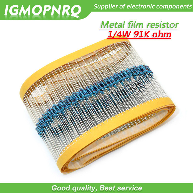 100 Chiếc Kim Loại Phim Điện Trở Năm Màu Vòng Dệt 1 / 4W 0,25W 1% 91K 91K ohm 91Kohm