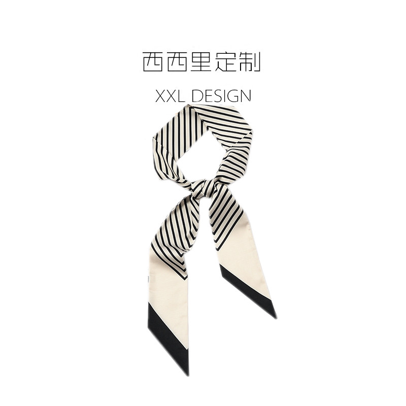 Sato Ishihara Satomi - Khăn Lụa Nhỏ Dài Phong Cách Pháp Retro, Đen Sọc, Thích Hợp Làm Băng Đô hoặc K