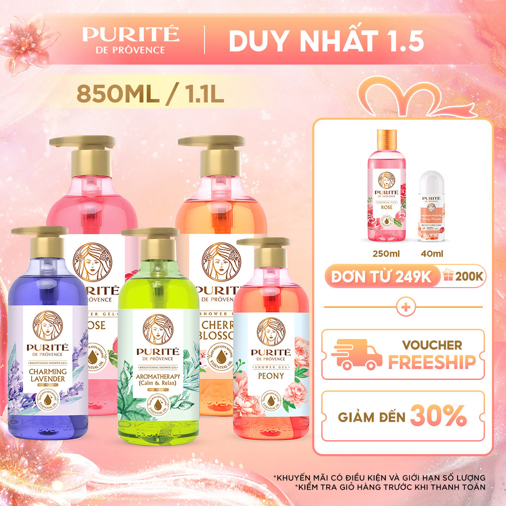 Sữa Tắm Thiên Nhiên PURITÉ Hương Hoa Anh Đào/Hoa Hồng/Hoa Oải Hương/Hoa Mẫu Đơn/Tinh Dầu Thơm 850ML/ 1.1L/ 1.4L