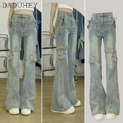 DaDuHey American Retro Flared Jeans Women High Waist Slim-fit Bow Design Stretch Boot Pants