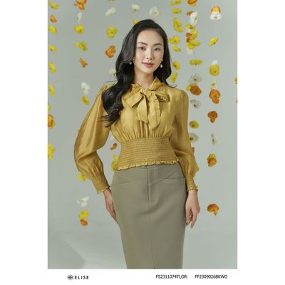 Áo sơ mi tơ vàng nơ cổ béo thiết kế Elise FS2311074TLORYL