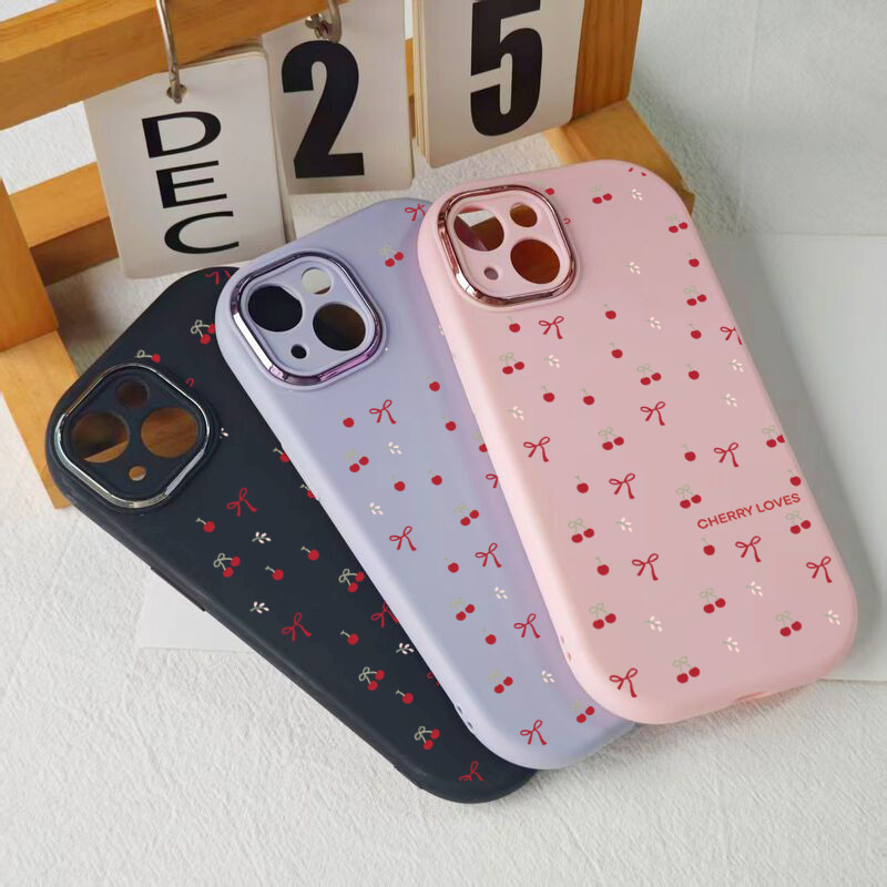 Ốp Lưng Cherry Loves iPhone 11/12/13/14/15/16/17 Pro Max Họa Tiết Cherry Dễ Thương, Nơ Đỏ, Màu Trong