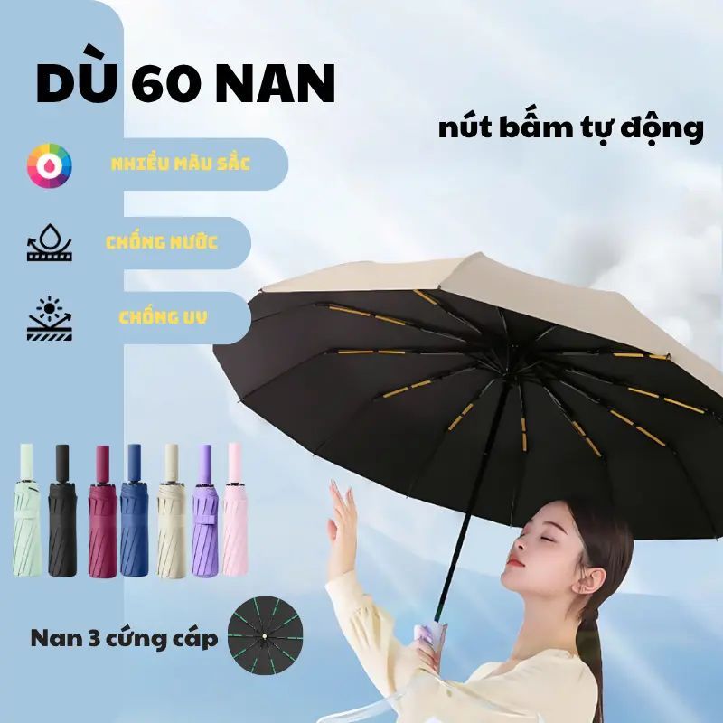 Ô Dù 60 Nan 24 Nan Chống Thấm Nước & Tia UV Gập Nhỏ Gọn, Ô Che Mưa Cao Cấp Đa Dạng Màu Sắc