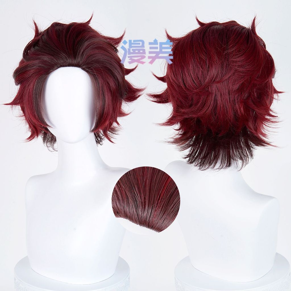 Tóc giả cosplay Tanjiro Kamado - Tóc tổng hợp chịu nhiệt, màu đỏ ngắn