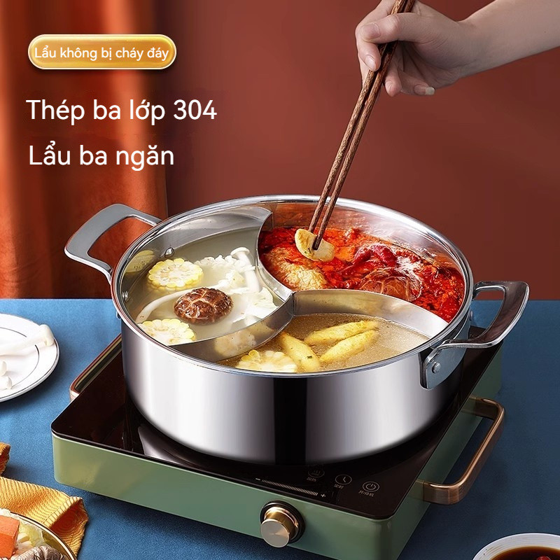 Large-capacity induction cooker with three compartments for hot pot. Commercial food-grade extra-thi