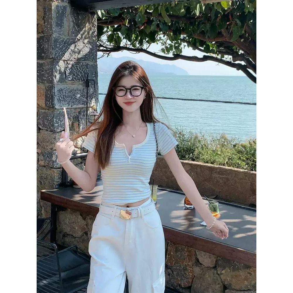 [BiGirls] Áo Thun Nữ Ngắn Tay, Cổ Trụ Tròn, Sọc kẻ ngang phối màu xanh dương, chất 92% cotton +8% Spandex  B013 | BigBuy360 - bigbuy360.vn