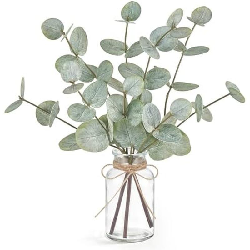 Mkono Artificial Eucalyptus Stems in Glass Vase, 3Pcs Fake Plants for Home Decor, Coffee Table Cente