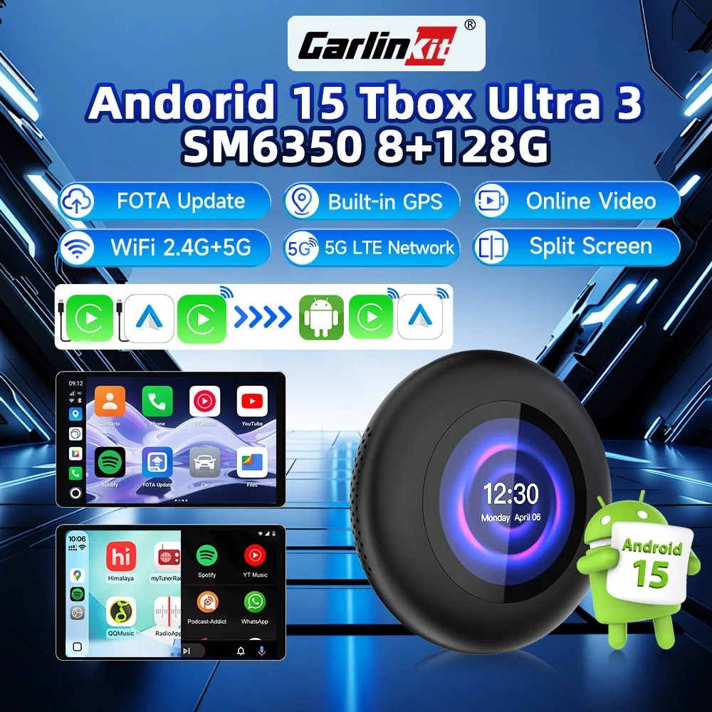 CarlinKit 5G LTE Android 15 AI Box Tbox-Ultra3 WiFi6 SM6350 8 lõi không dây Android Auto CarPlay Màn