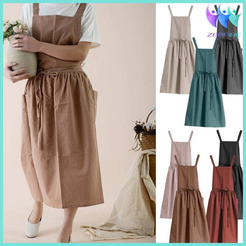 Cotton Linen Apron With Front Pocket Comfortable Breathable Fabric For Cooking