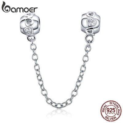 Hạt phụ kiện Bamoer bằng bạc thiết kế dáng dài với hạt hình trái tim để trang trí vòng đeo tay