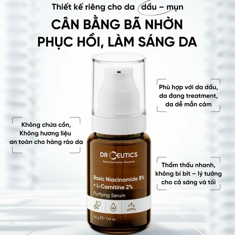 Serum Sáng Da Mờ Thâm Kiềm Dầu Giảm Mụn Drceutics Niacinamide 8% + L-Carnitine 2% (40g)