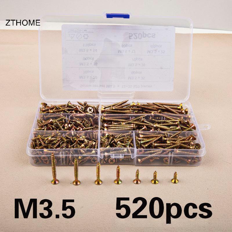 ZTHOME 520 Cái M3.5 Đầu chìm Bộ vít tự khai thác Bộ vít mạ kẽm màu cho chế biến gỗ Trang trí nhà cửa