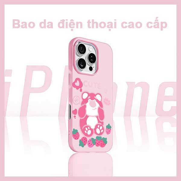 Ốp Lưng iPhone Gấu Dâu Hồng Dễ Thương Ngọt Ngào  iP 11/12/13/14/15/16/17/Plus/Pro/Max
