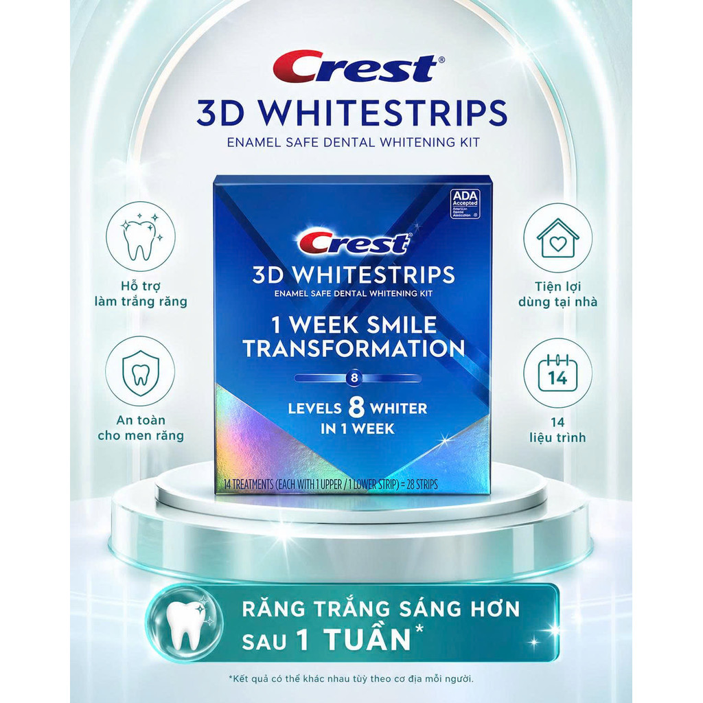 [LEVEL 8 - 14 LẦN DÁN] Miếng dán trắng răng Crest 3D Whitestrips 1-Week Smile Transformation - Bản M