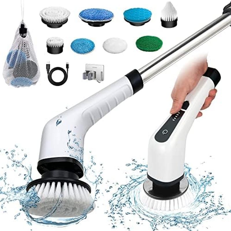 Electric Spin Scrubber, Cordless Bath Tub Power Scrubber with 8 Replaceable Drill Brush Heads, Showe