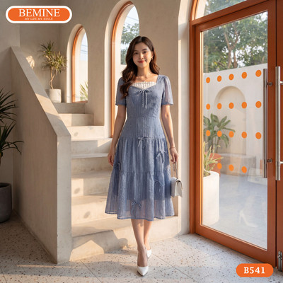 Đầm thiết kế BEMINE cổ vuông đính nơ dáng chữ A phù hợp đi chơi-B541