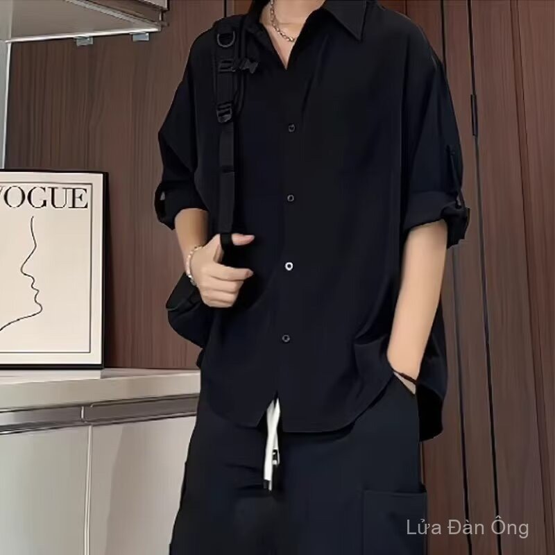 Áo Sơ Mi Màu Đen Thường Ngày Cho Nam Bảy Phần Mười Tay Đầu Thu Mỏng Ice Silk Thư Giãn Top Với Phong 