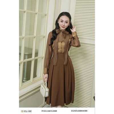 Áo sơ mi tơ nâu phối lụa dây cổ thiết kế Elise mã FF2411186TLORBR