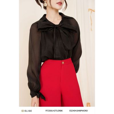 Áo sơ mi tơ đen dây cổ thiết kế Elise FF2306142TLORBK