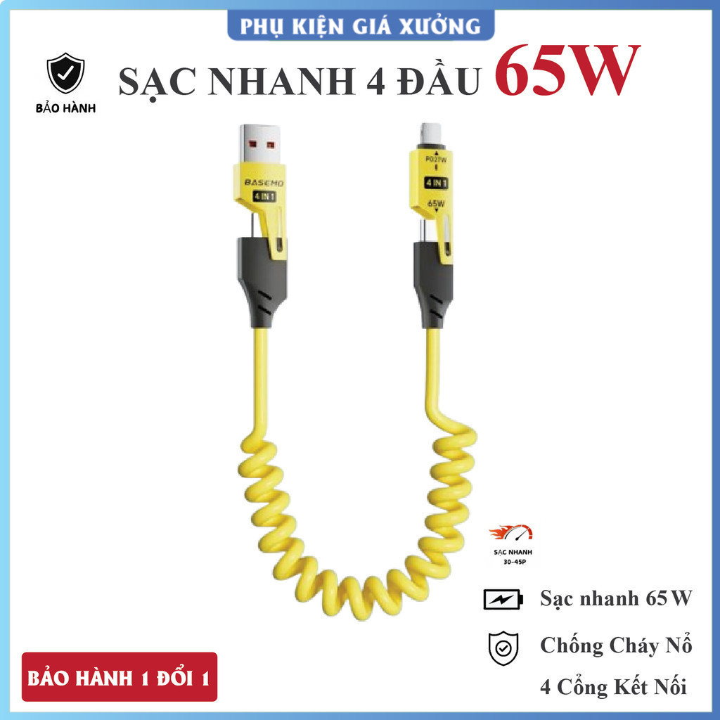 Dây sạc nhanh 4 đầu - 65W. Cáp sạc 4in1 dây dù đầu cáp kim loại, chống gẫy. Cáp sạc lò xo, Dây sạc 4