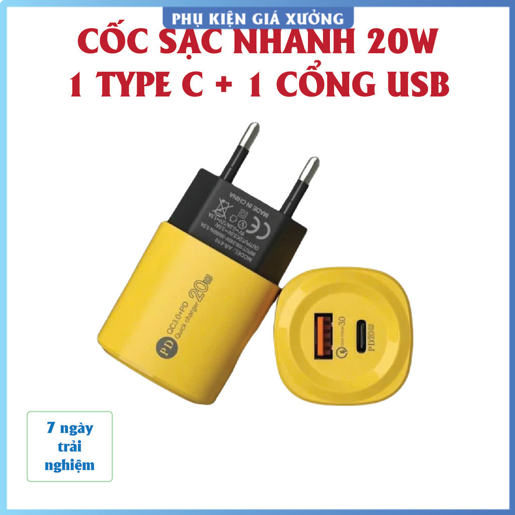 Củ sạc nhanh 2 in 1 gồm: 1 cổng Type C + 1 cổng USB – Củ sạc 2 cổng. Cốc sạc nhanh 2 cổng, Cáp sạc n