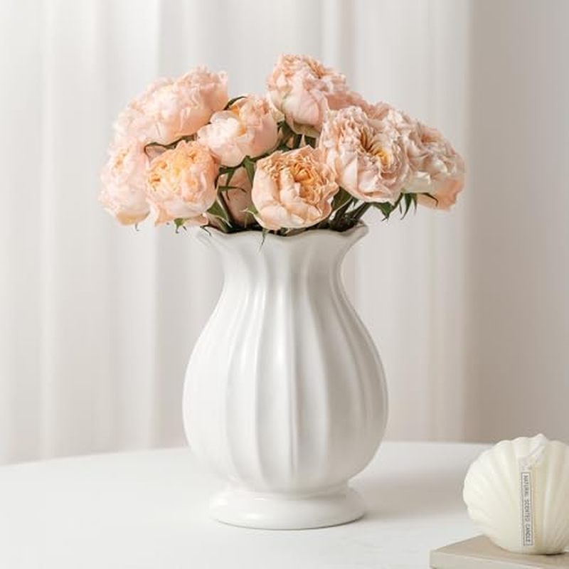 White Ceramic Vase, 7.8 Inch Flower Vase Home Decor Modern Decorative Vases for Bouquet, Unique Vase