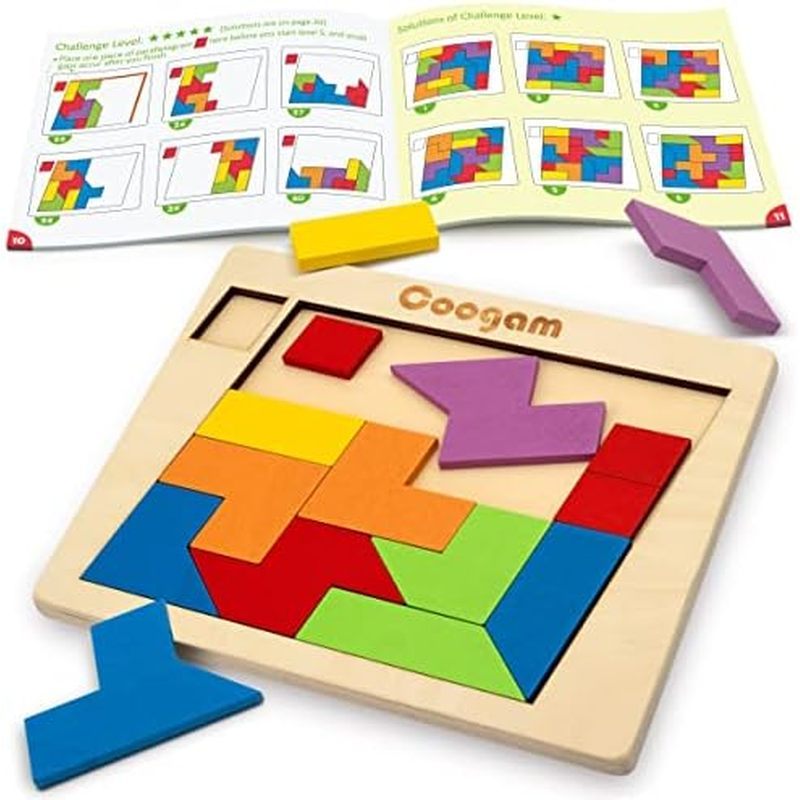 Coogam Wooden Puzzle Blocks Geometric Tangram Brain Teasers Jigsaw 3D Logic IQ Game Colorful Shape P