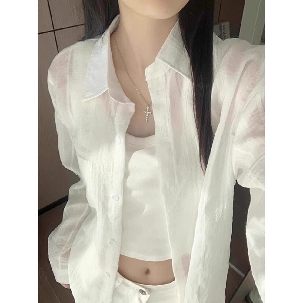 áo nữ tiểu thư áo bayby doll Áo sơ mi chống nắng màu trắng mẫu mỏng áo sơ mi vải lanh khí chất phong
