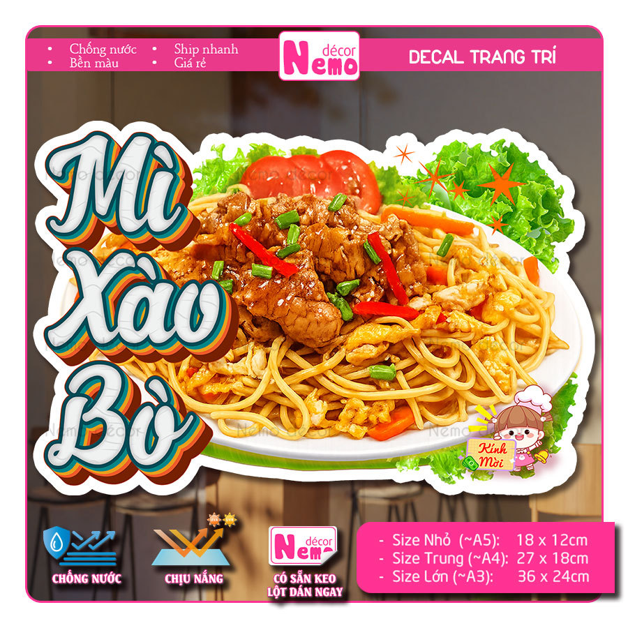 Decal Mì Xào Bò, Nui Xào Bò, Tranh Dán Trang Trí Quán Ăn - Sticker Chịu Được Mưa Nắng.