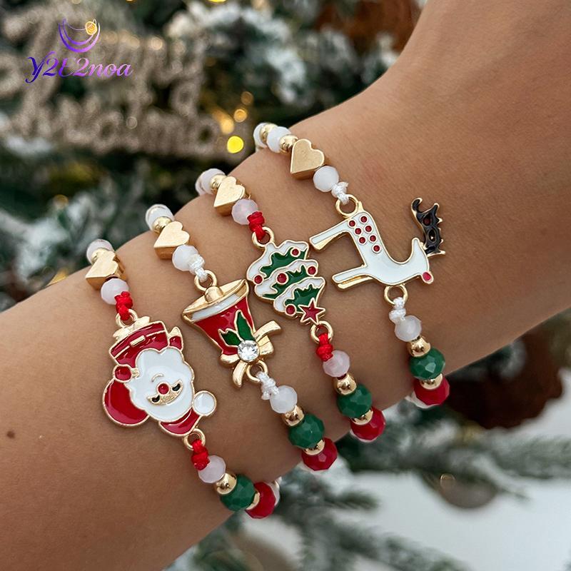 Y2E2noa Giáng Sinh Nhiều Màu Sắc Pha Lê Hạt Đa Yếu Tố Vòng Tay Dành Cho Nữ Ông Già Noel Cây Nai Sừng