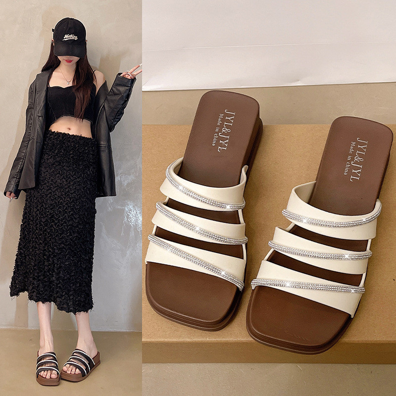 5.5-Pháp Niche Dép Flat Cao Cấp Nữ Mặc Ngoài Mùa Hè Flat Beach La Mã Cover-Toe Dép Chống Trơn Trượt