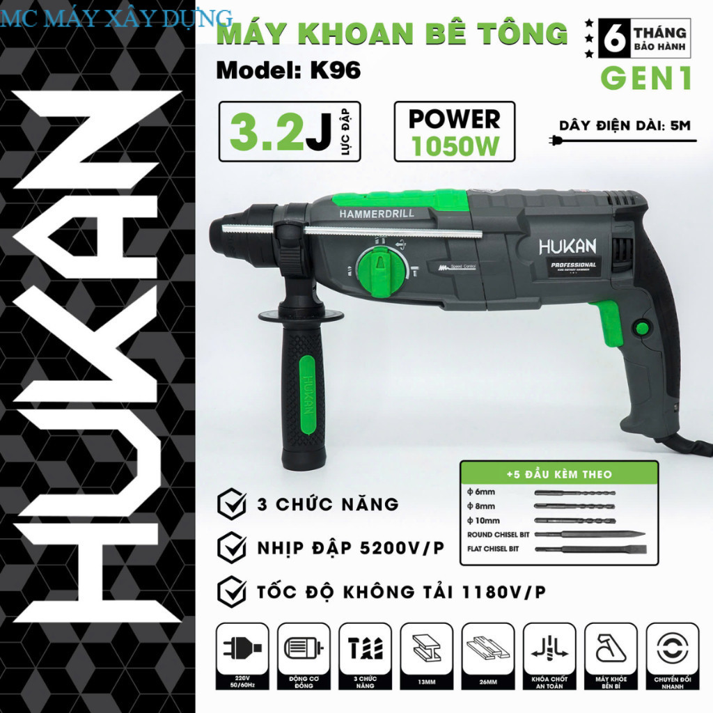 Máy Khoan Bê Tông HUKAN K96 3 Chức Năng Đa Năng Khoan - Cắt - Đục , Công Suất 1050W. MC MÁY XÂY DỰNG
