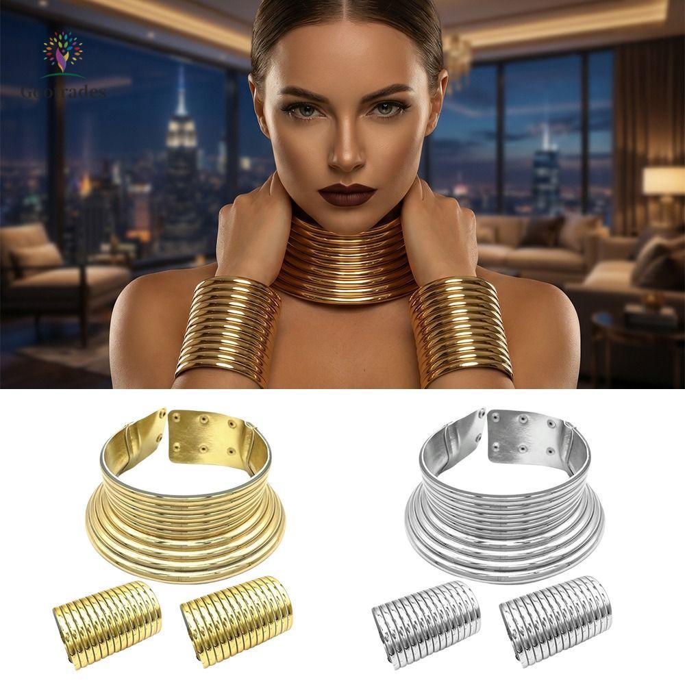 Bộ 3 Vòng Tay Cổ Châu Phi GOOTARDES, Bộ Cổ Vòng Cổ Phong Cách Châu Phi Lớn Màu Bạc, Bộ Vòng Tay Cổ B