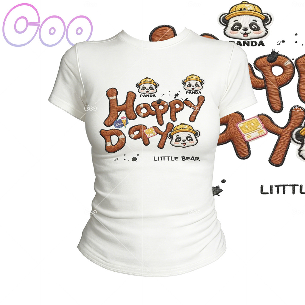 （24H SHIP）Áo thun co giãn nữ - In chữ gấu hoạt hình - Slim fit - Mềm mại thoáng mát - Thời trang - C