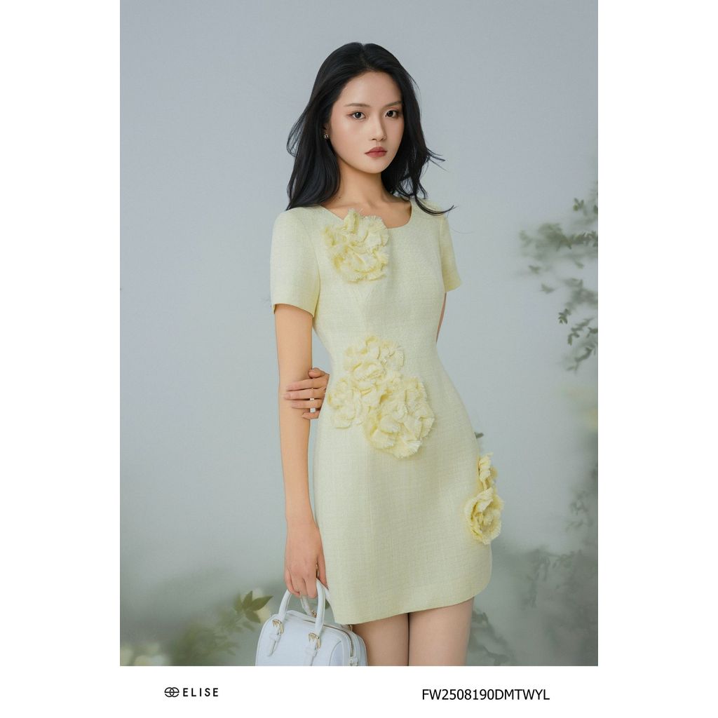 Đầm tweed vàng sợi KT đính hoa thiết kế Elise FW2508190DMTWYL