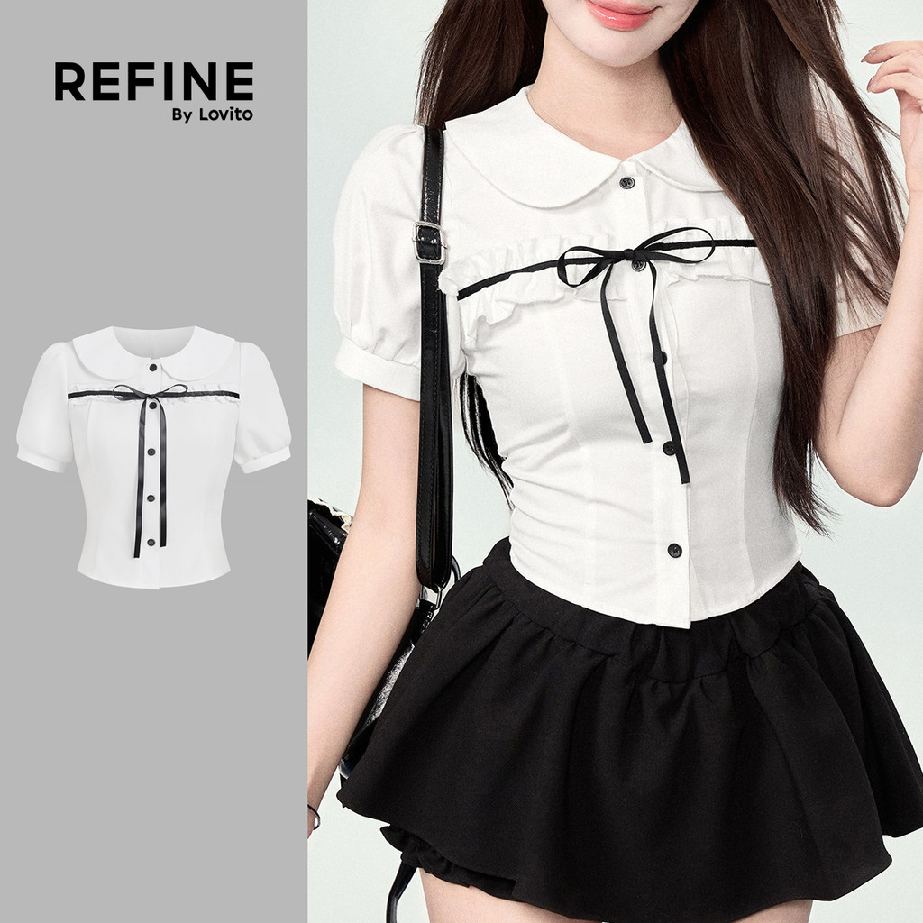 (Refine by Lovito) Áo sơ mi trắng mùa xuân/hè nữ kiểu dáng thường ngày viền tương phản nơ cài LR38A2
