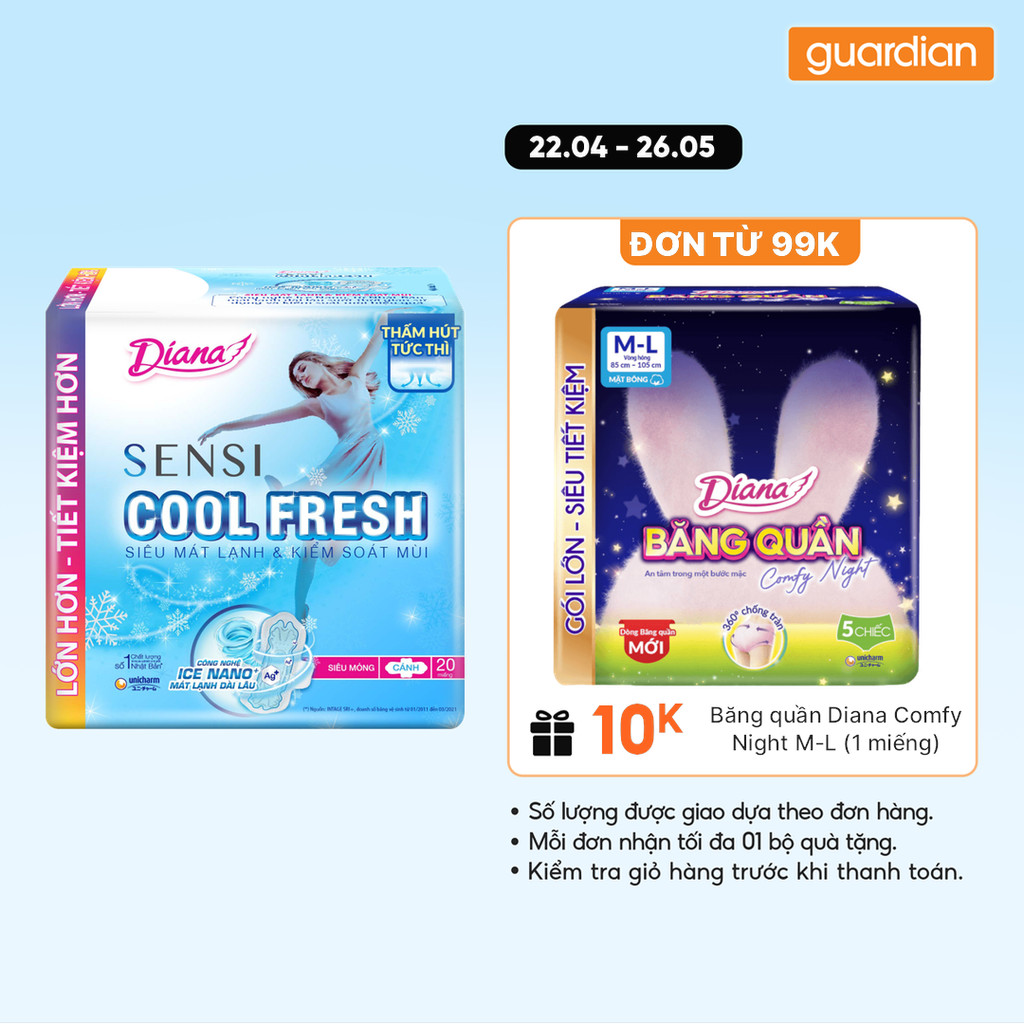 Băng Vệ Sinh Siêu Mỏng Cánh Sensi Cool Fresh 23cm Diana 20 Miếng