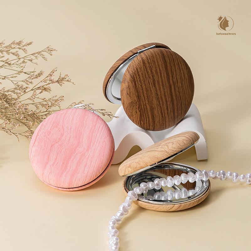 [PE] Mini Vintage Gương Trang Điểm Hạt Gỗ PU Gấp Gương Tròn Du Lịch Gương Trang Điểm Di Động Nhà Thơ