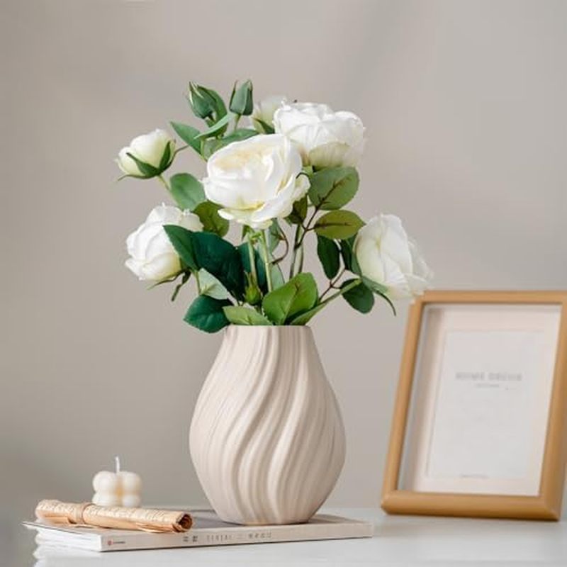 Modern White Ceramic Vase,Nordic Boho Geometric Striped Round Decorative Vase for Living Room,Shelf,