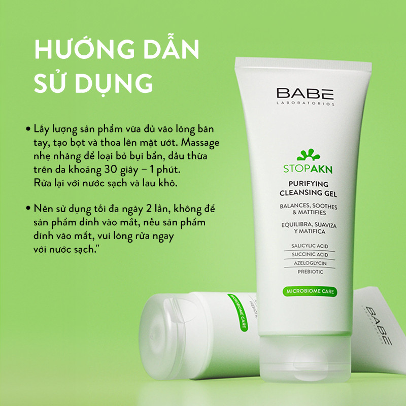 Sữa rửa mặt BABE Stop AKN Purifying Cleansing gel cho da dầu mụn 200ml | BigBuy360 - bigbuy360.vn