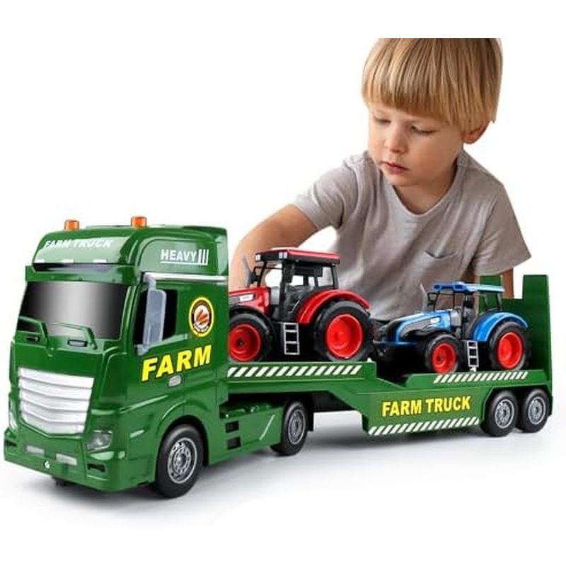 Dwi Dowellin Toddler Boy Toys for 3 4 5 6 Year Old, 25" Semi Truck Toy with Racing Car and Helicopte