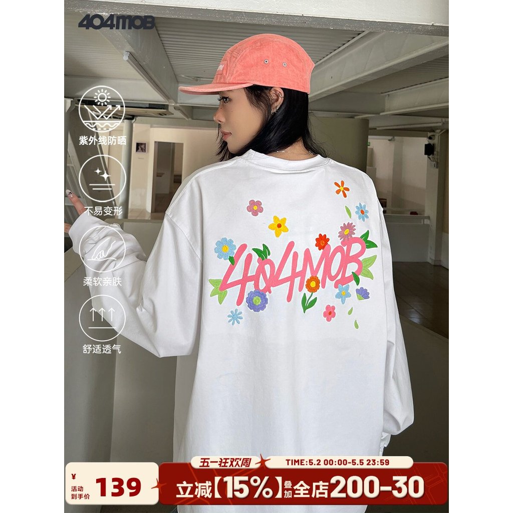 404MOB Hợp Thời Trang Mỹ Công Nghiệp Nặng Thêu Hoa Dài Tay Áo Thun Nam Graffiti Rời