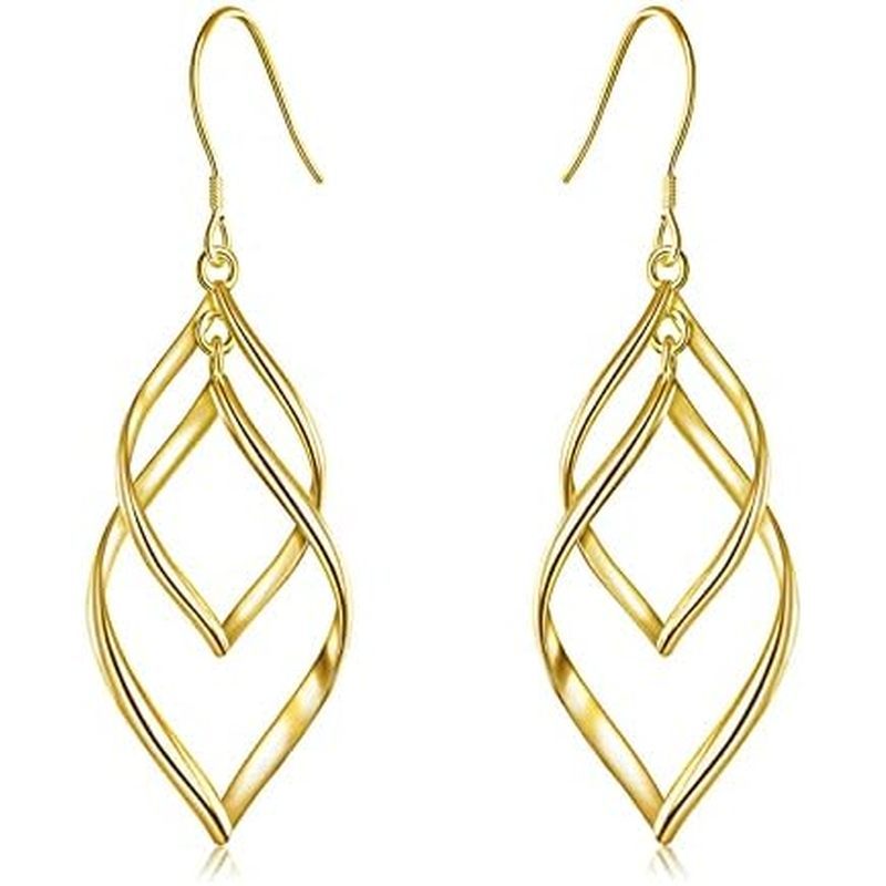 er Dangle Earrings for Women, 14k Gold Plated Double Linear Drop Statement Earrings Anniversary Birt