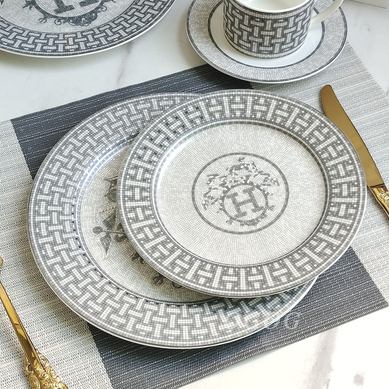 Hotel and club bone china plate set, western-style dinner plate, gray carriage design10Flat plate8Sh