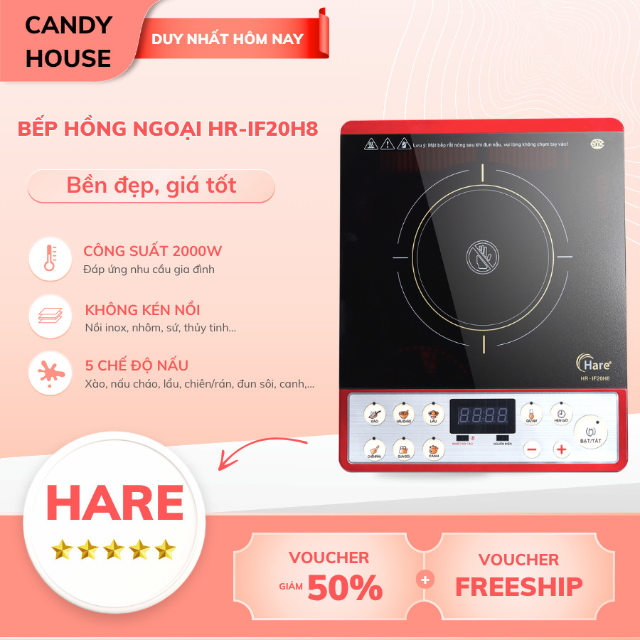 Bếp Hồng Ngoại Đơn Hare HR-IF20H8 công suất 2000W Nấu Nhanh Dùng Mọi Loại Nồi Mặt Kính Chịu Nhiệt