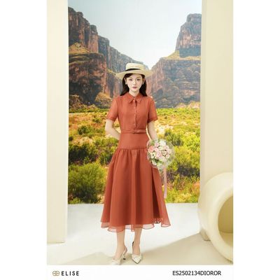 Đầm tơ cam xòe nhún đai eo thiết kế Elise ES2502134DIOROR