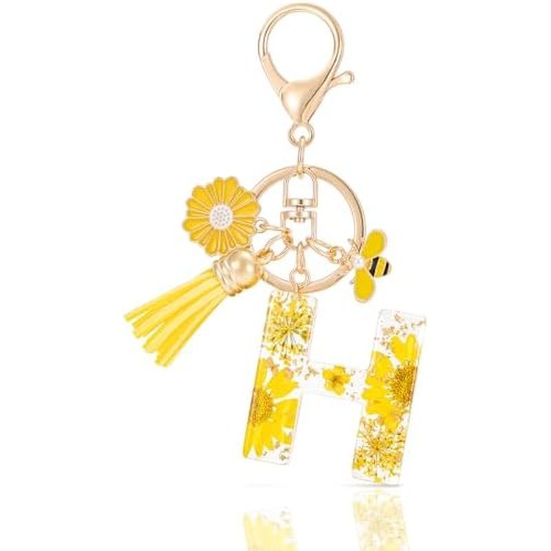 Initial Letter Keychain Resin Alphabet Keyrings,Yellow Petals Gold Foil Key Ring Key Chain Charm